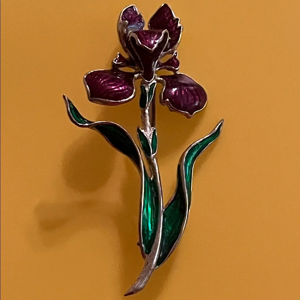Vintage enamelware purple iris green leaves brooch pin signed hallmark stamp EUC